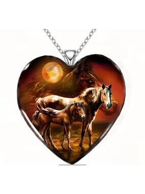 Wild Horses Heart Necklace Pendant With Sunset Scene Perfect Gift For Horse Love